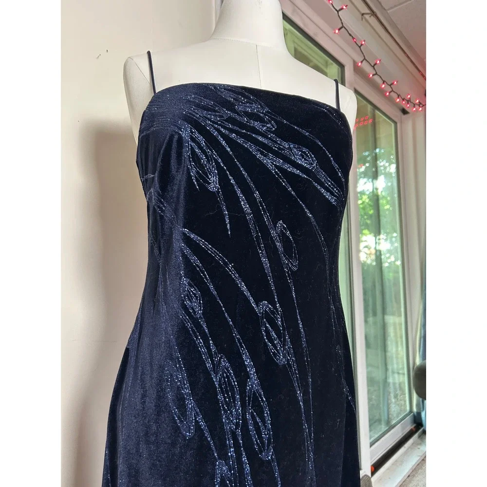 Vintage Navy Blue Velvet Glitter Gown Prom Formal Dress 6 Elegant Whimsigoth - Picture 2 of 10